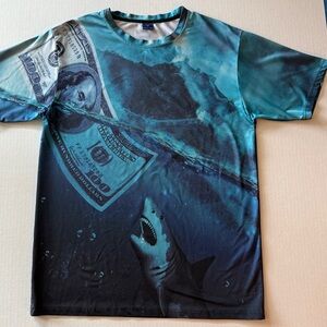 Men’s Blue Graphic 3D T-Shirt with Shark and Dollar Design